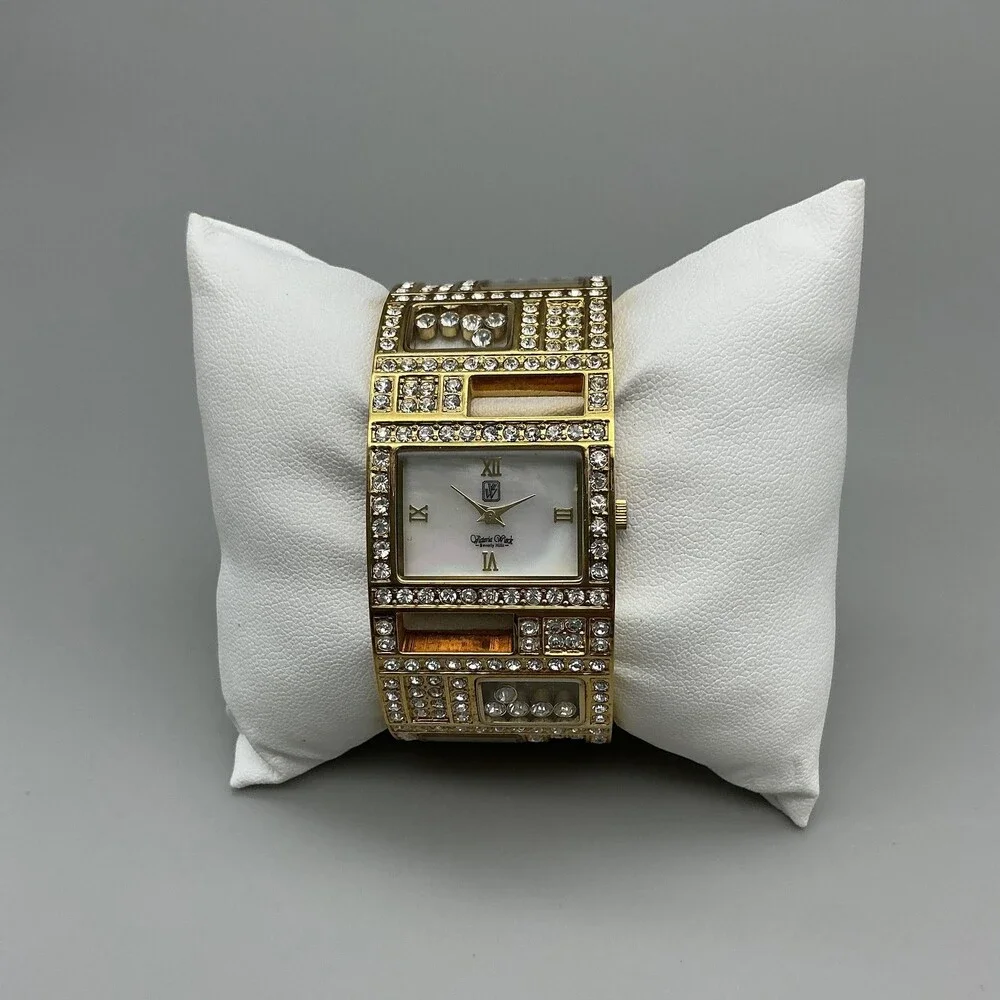 Victoria Wieck Womens Watch 27mm Gold Tone Floating Crystals Cuff New Battery